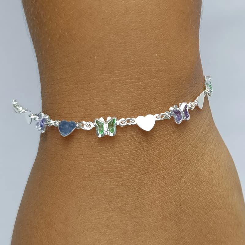 Pulseira Infantil Prata 925 Borboleta com Coração Legitima Feminina Delicada