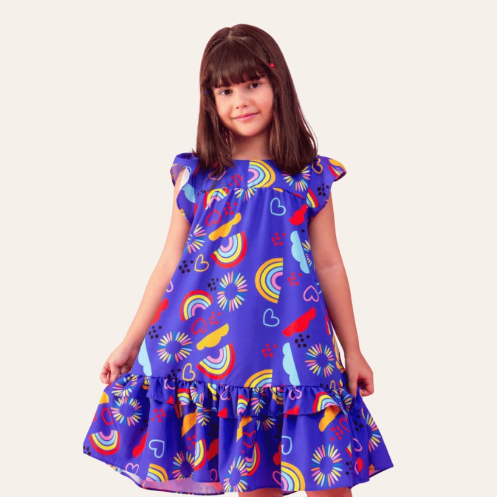 Vestido Infantil Magia das Nuvens e Flores Menina Estampado Colorido Roupas Infantis Festa Casual