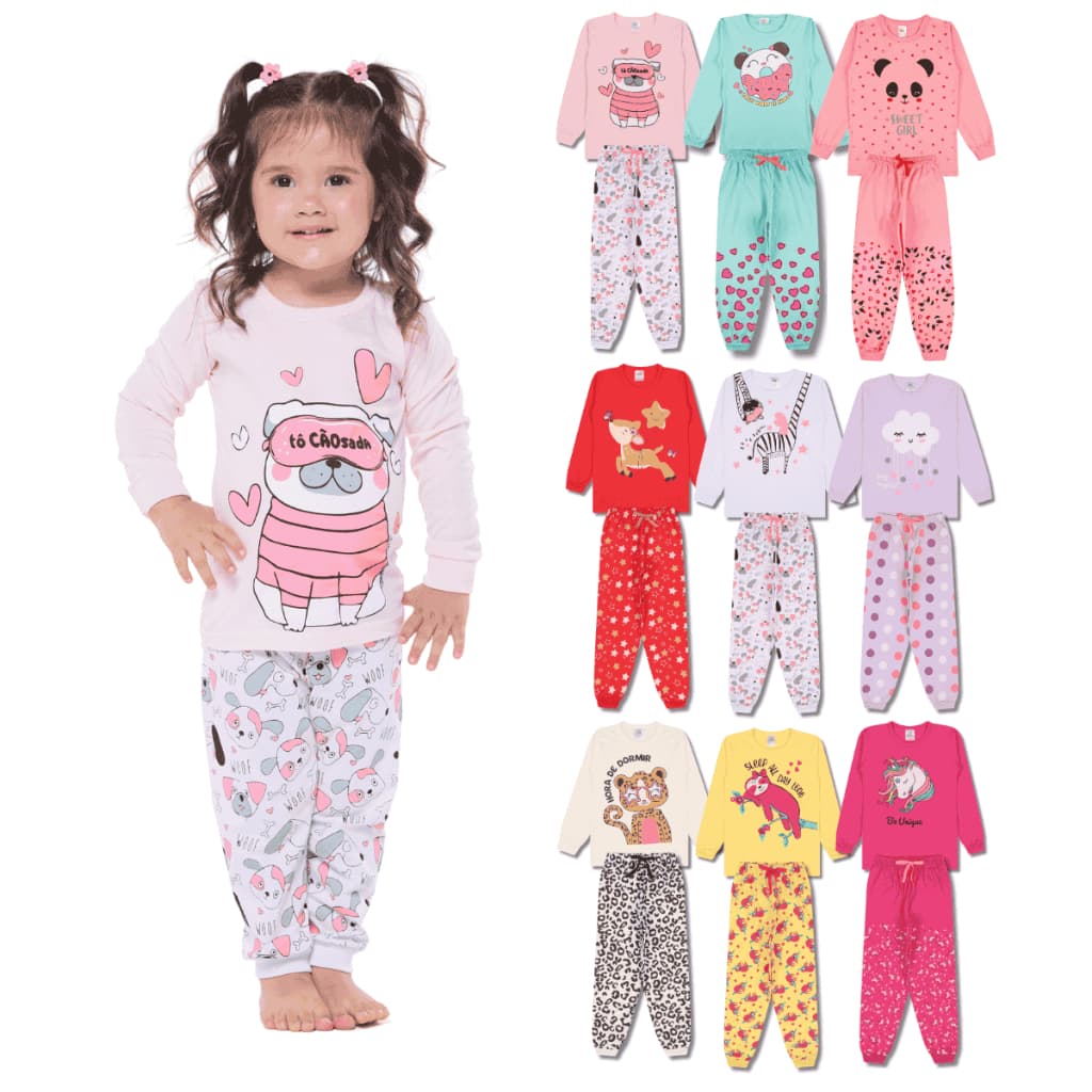 Kit Sortido 6 Peças Pijama Infantil Menina Manga Comprida Longa Pijama Inverno Frio Confortável e Quentinho 100% Algodão