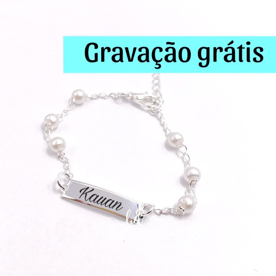 Pulseira Prata De Perola Infantil RN Bebê Personalizada Com Gravação Nome