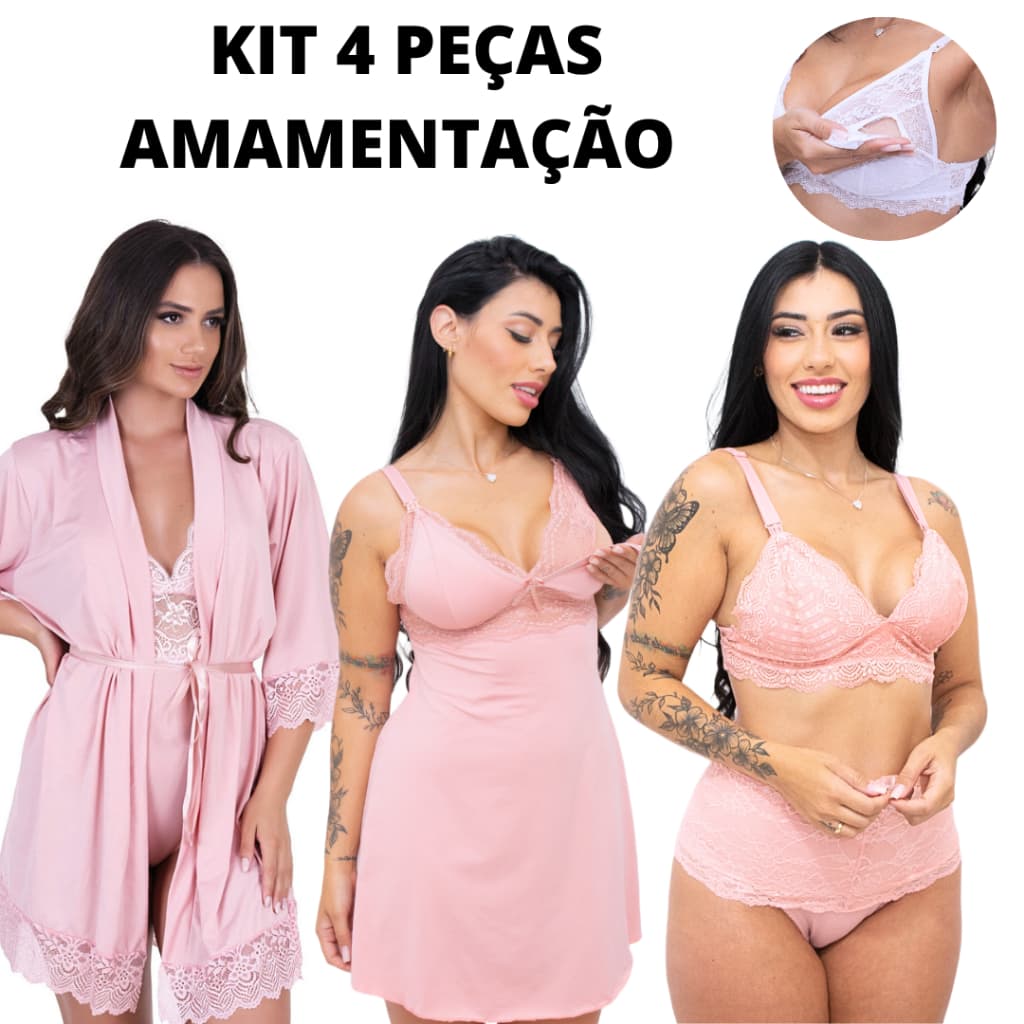 Kit 4 Peças Conjunto de Amamentar Reforçado Camisola Pós Parto e Roupão Feminino Rendado AMAMENTAÇÃO