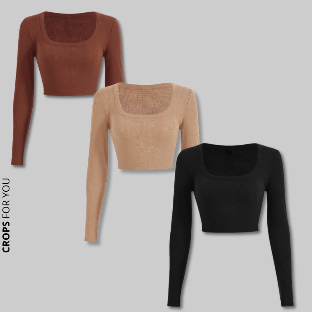 Kit 3 Croppeds Manga Longa Gola U Canelado Cores Neutras e Básicas