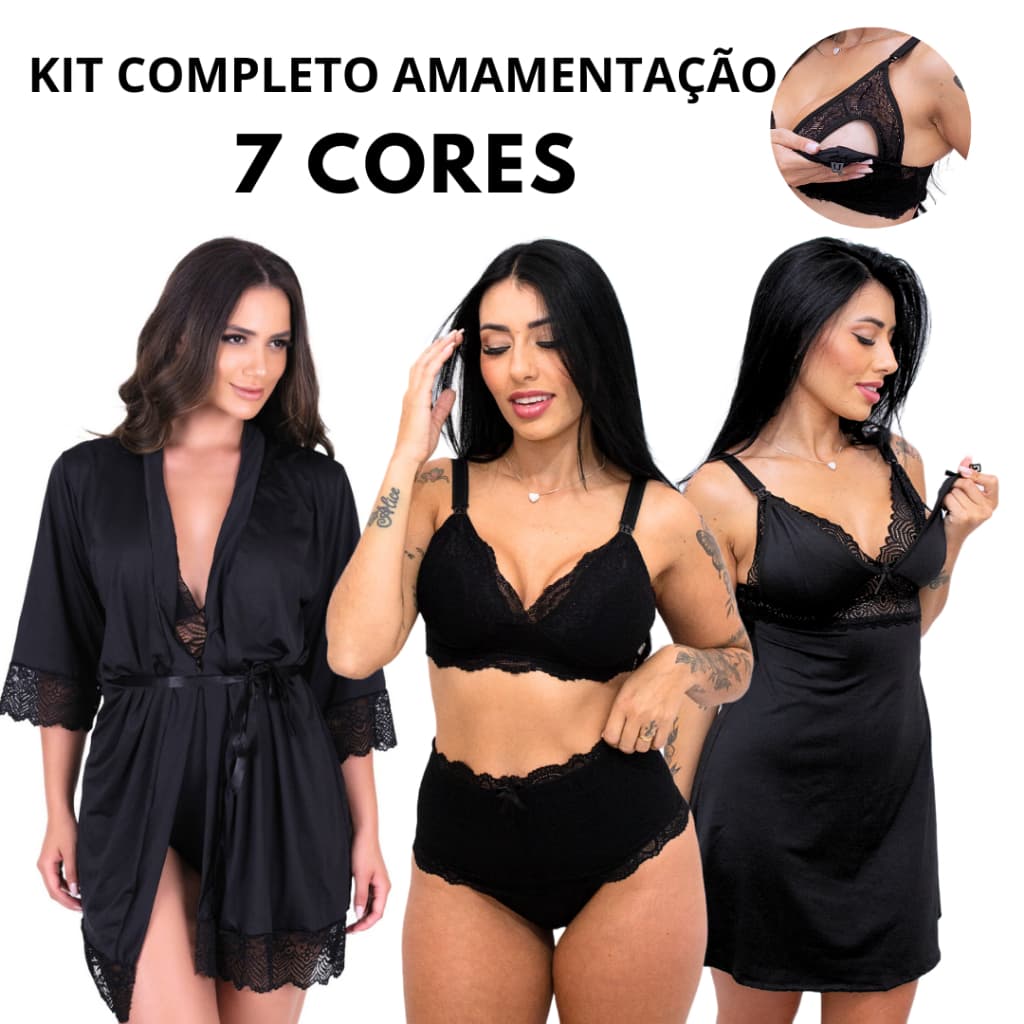 Kit Pós Parto Camisola de Amamentação Conjunto sutiã e calcinha pós parto e Robe Feminino Roupão