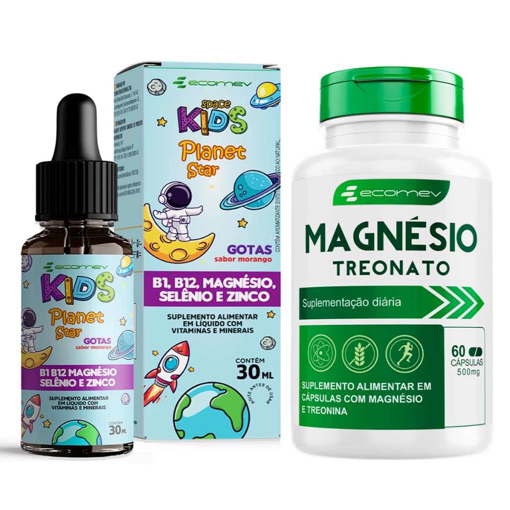 Kit Saude Vitamina Infantil Foco Kids Magnesio B1 B12 Selenio Zinco + Magnesio Treonato