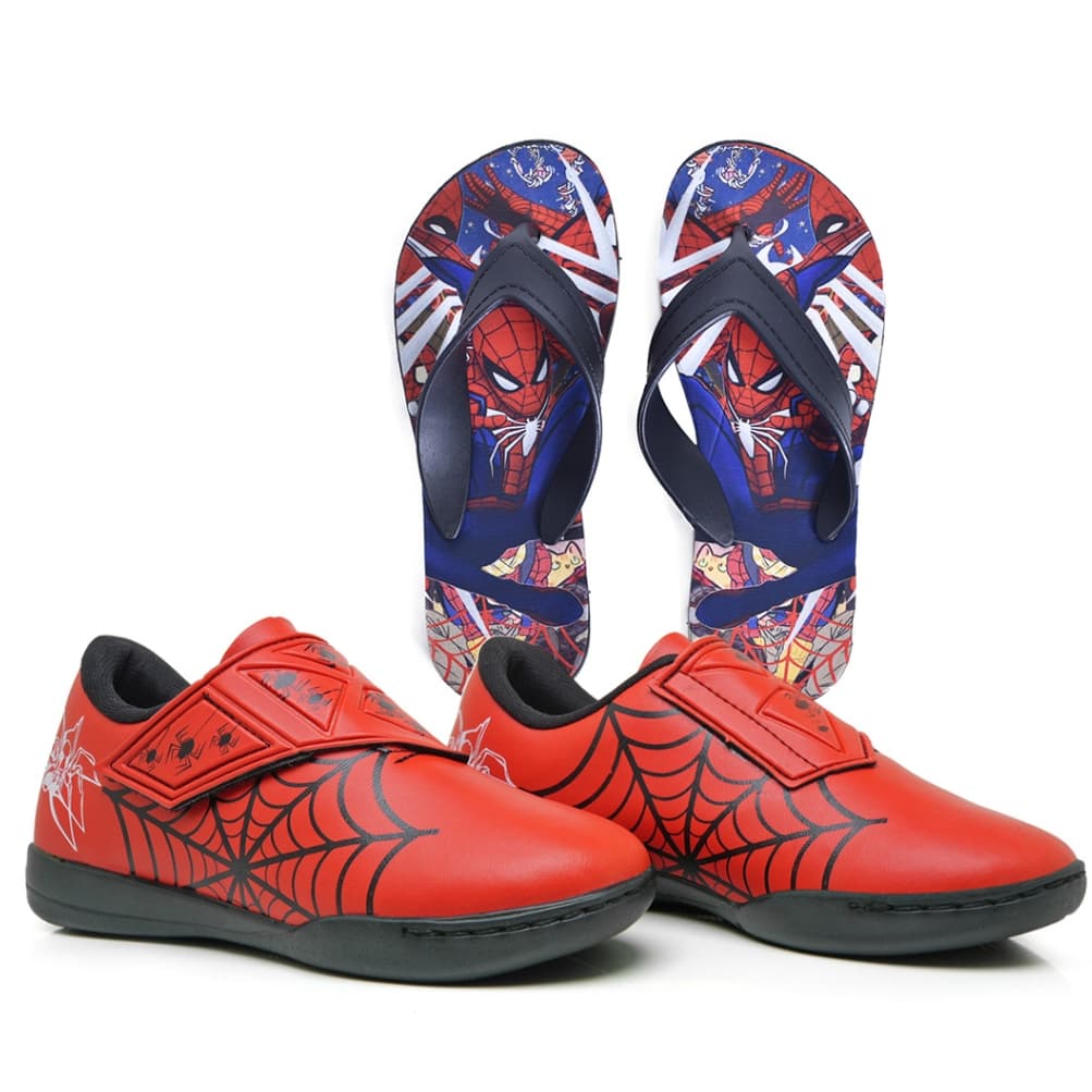 Kit Chuteira Futsal Menino Personagem Infantil Com Solado Costurado Super Macia + Chinelo Estampado
