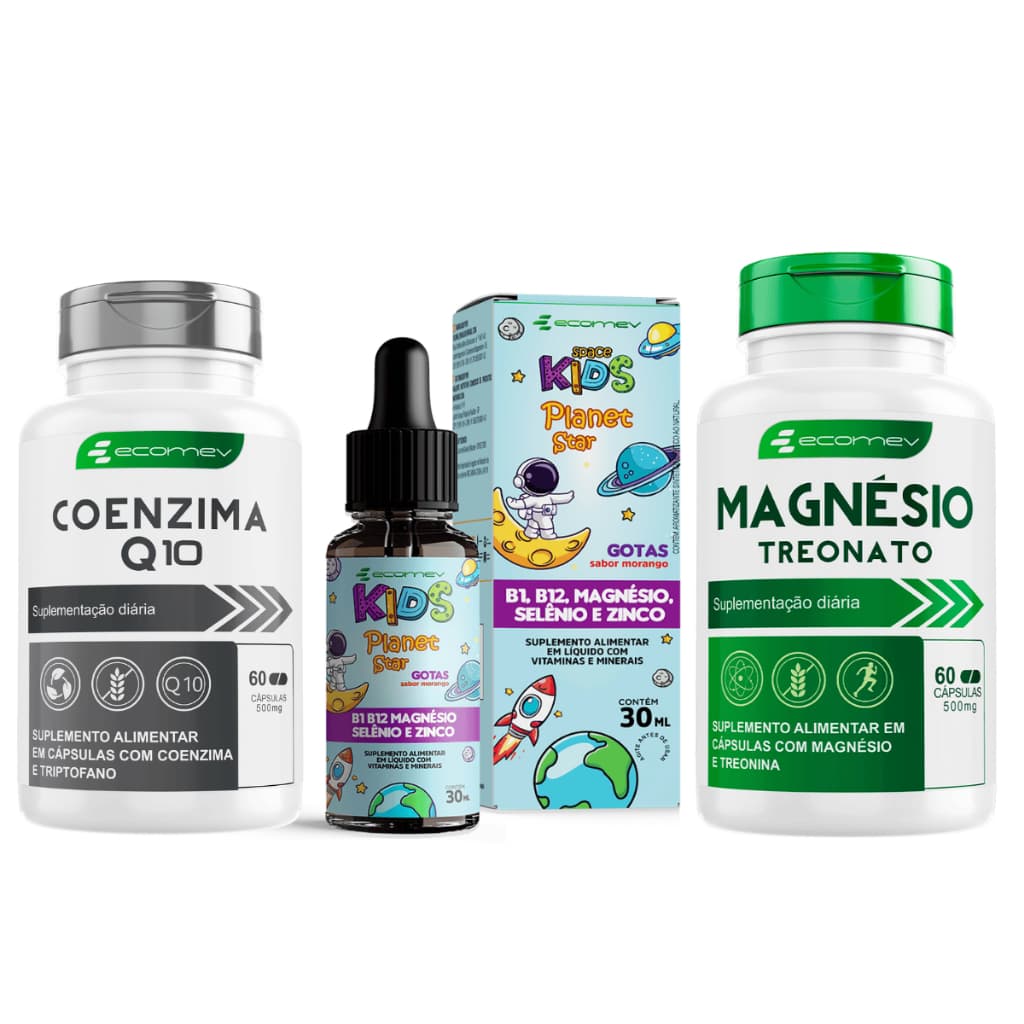 Kit Coenzima Q10 + Magnesio Treonato + Vitamina Infantil Foco Kids Magnesio B1 B12 Selenio Zinco