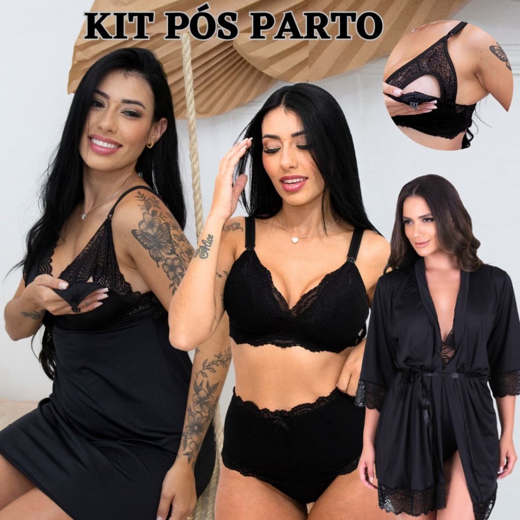 Kit Mãe Maternidade Camisola Pós Parto Hoby Feminino Delicado e Conjunto de Amamentação Reforçado