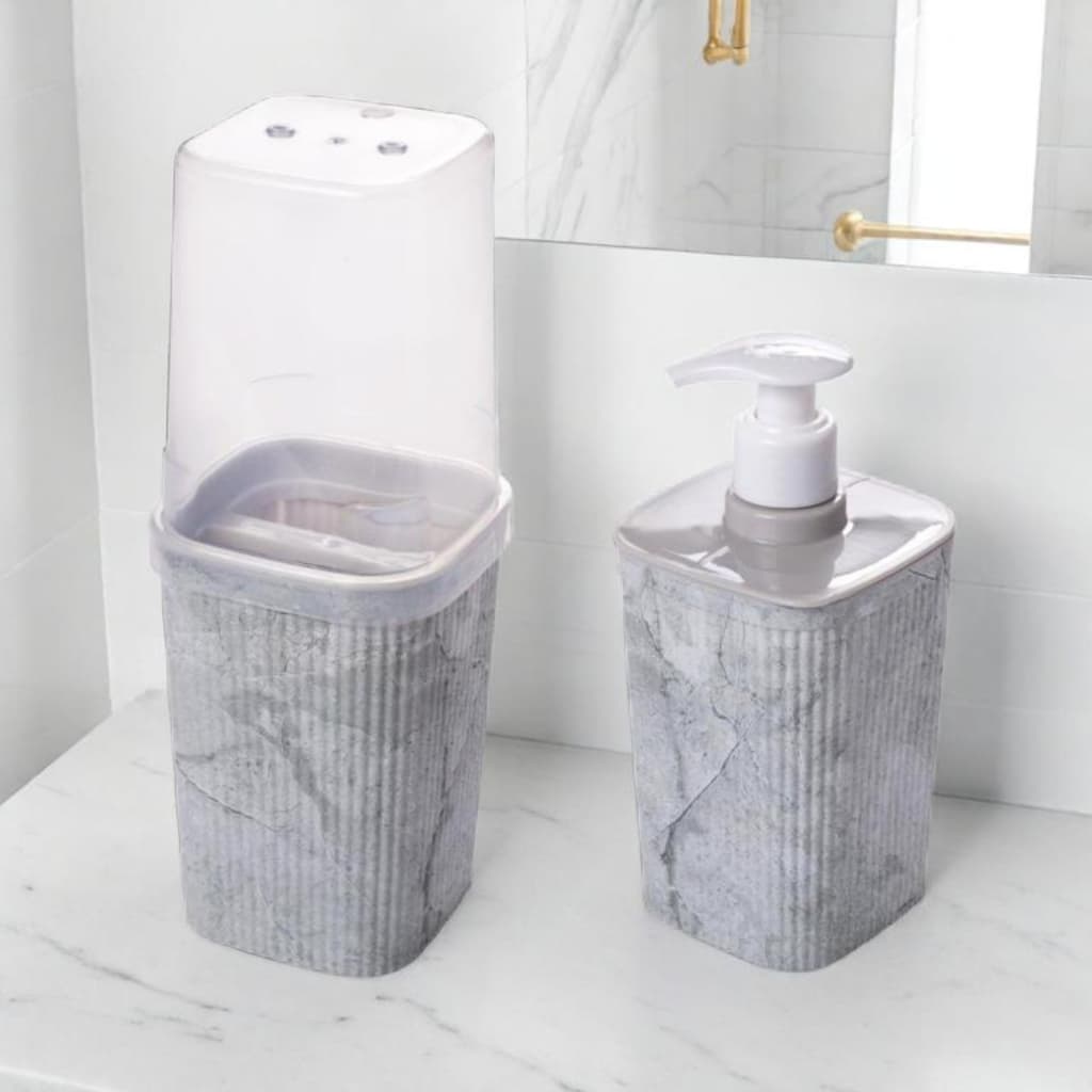 Kit Porta Escova de Dente e Pasta + Porta Sabonete Líquido Plástico Preto Madeira Pedra