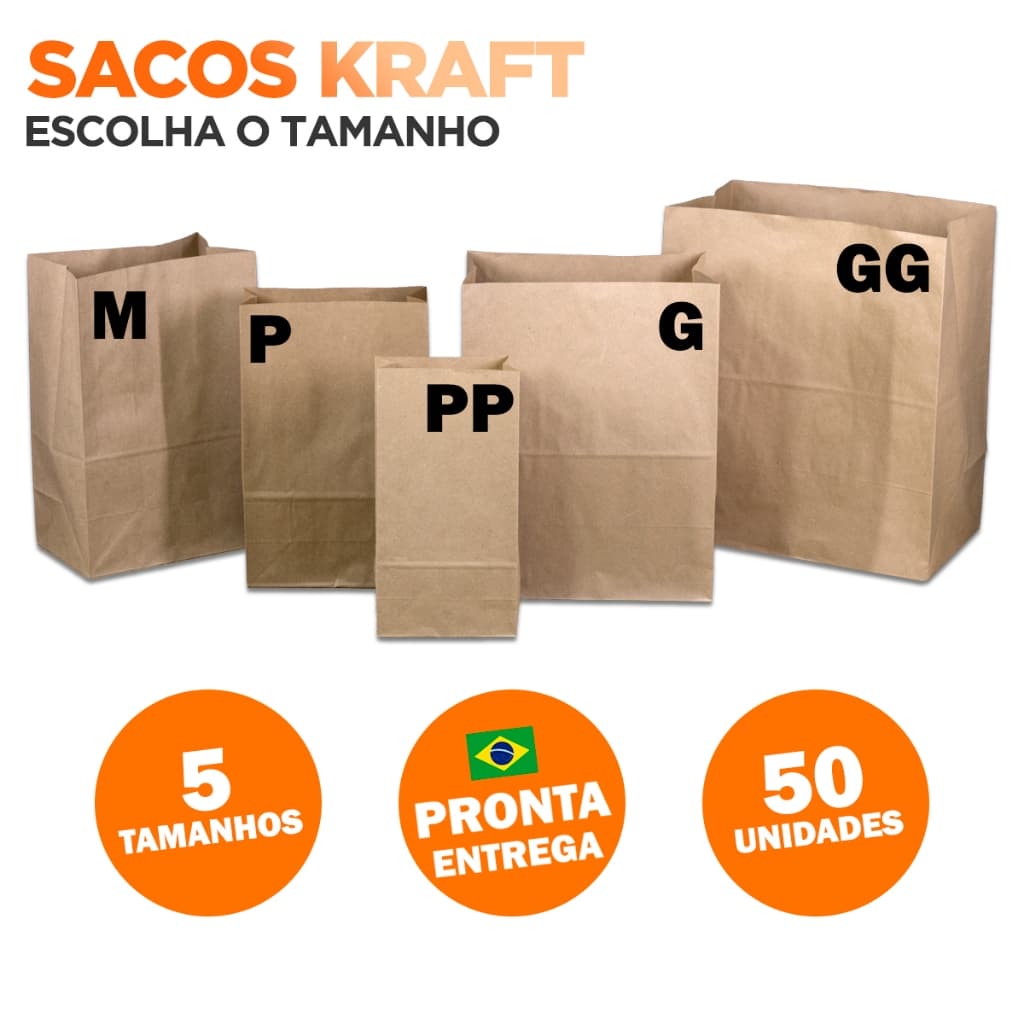 Kit Sacos Papel Kraft Embalagem Para Delivery com 50 UNIDADES Escolha o Tamanho PP/P/M/G/GG