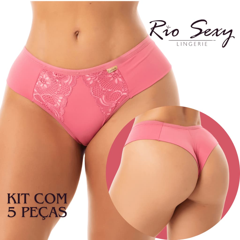 Kit 5 calcinha de microfibra fio duplo cintura alta detalhe renda, tanga microfibra poliamida