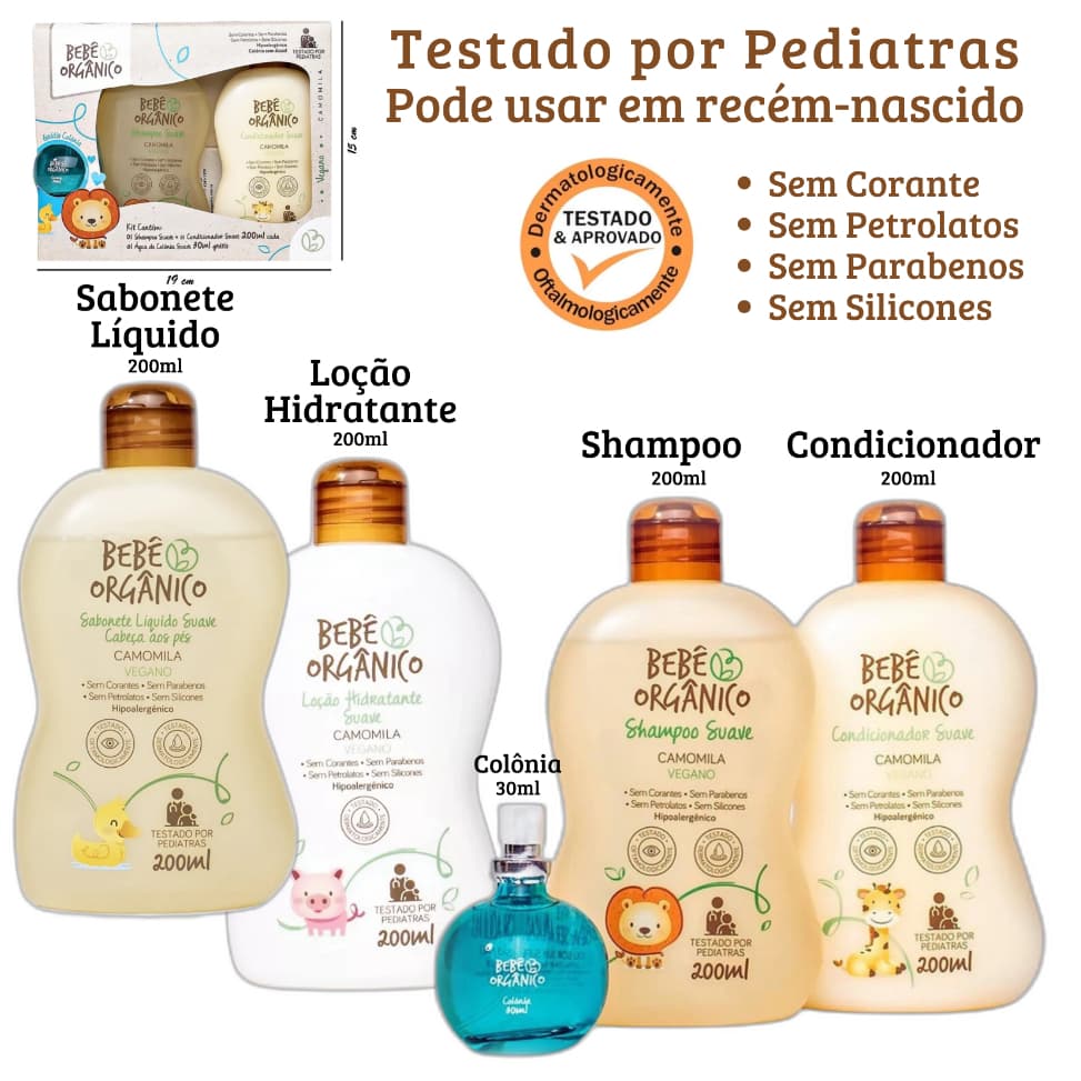 Kit Shampoo Condicionador Colônia Sem Álcool + Loção Hidratante + Sabonete Líquido da Bebê Orgânico