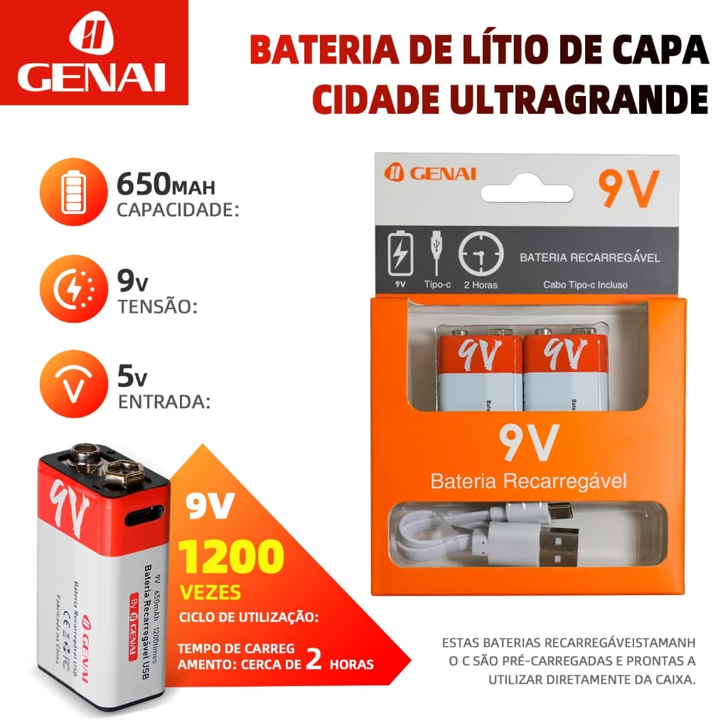 Kit 2 Baterias Recarregável 9v 650mah Genai Tipo C 5v