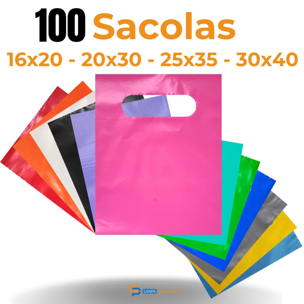 100 Sacolas Plásticas - Alça Vazada Boca de Palhaço  16x20 / 20x30 / 25x35 / 30x40