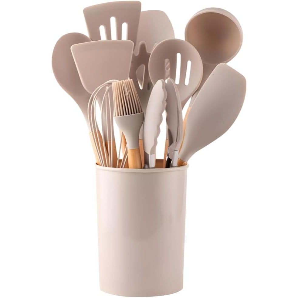 kit Conjunto Utensílios Cozinha Premium GRANDE BEGE CAQUI PRETO 12 Peças Silicone