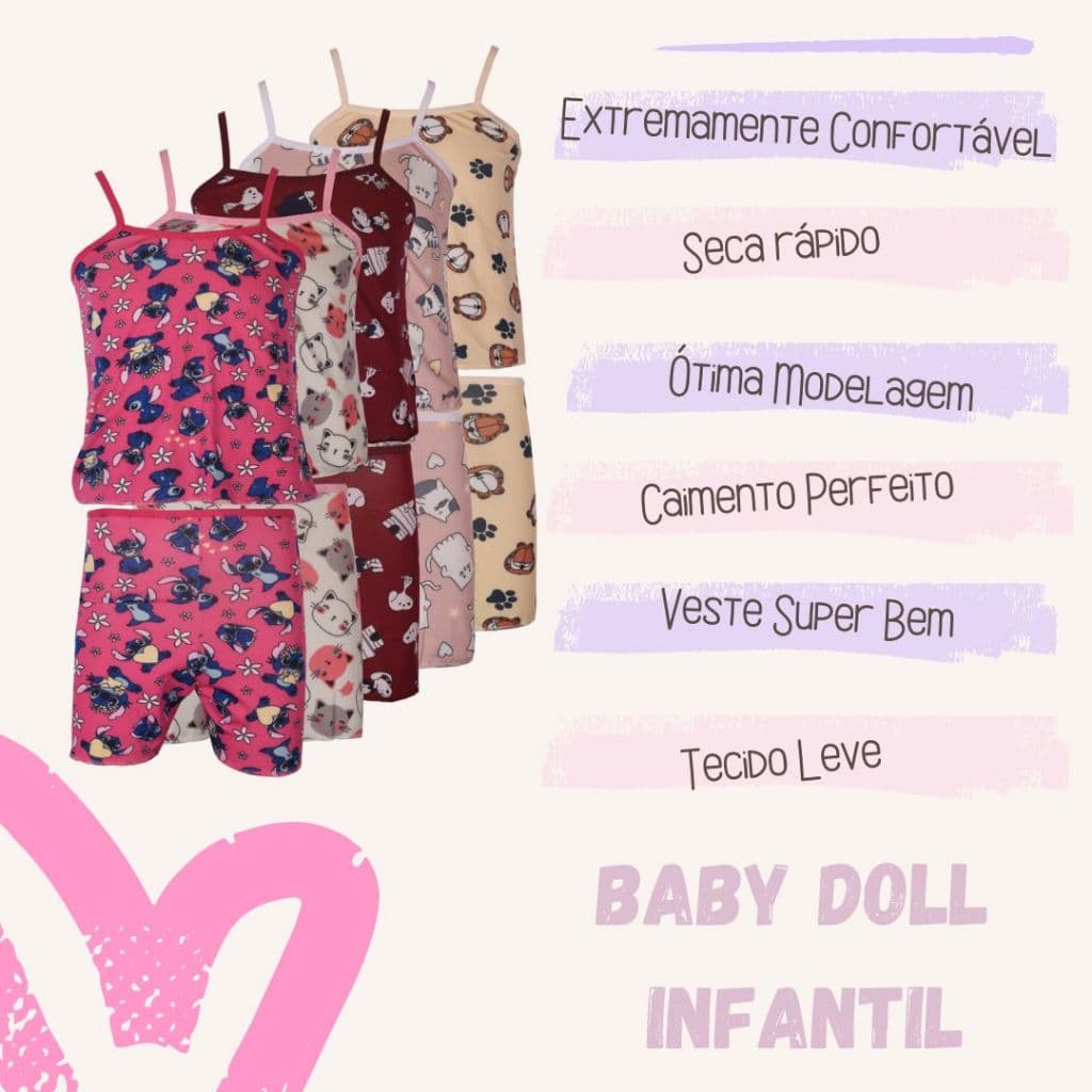 Kit Com 5 Pijamas Baby Dool Infantil Roupa de Dormi Criança Menina