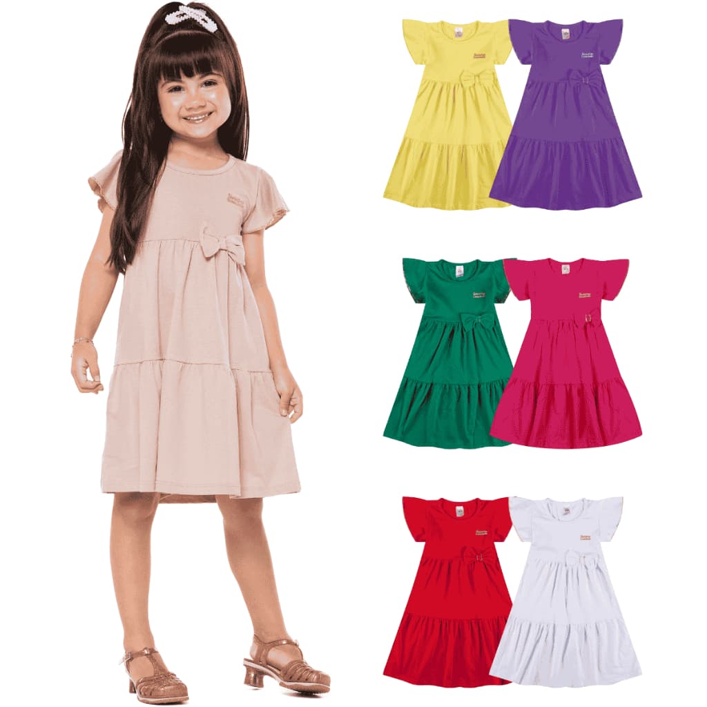 Kit 1, 3 ou 4 Vestido Infantil Menina Verão Três Marias 100% Algodão Com Laço Feminino Fofo Blogueirinha