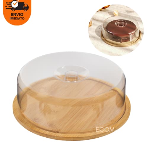 Boleira Bambu Com Tampa Em Acrílico Porta Bolo Para Bolo Torta Pudim Queijo Manteigueira