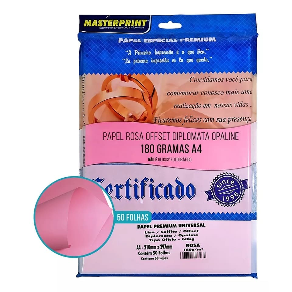 Papel Offset Color Plus Diplomata Rosa 180g A4 Masterprint Pacote 50 Folhas