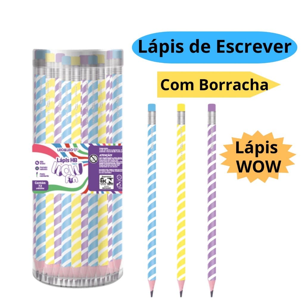 Lápis Wow Fun Preto de Escrever com Borracha Grafite HB Escolar - Leo&Leo (Kit com 1, 6 ou 12 Unidades)