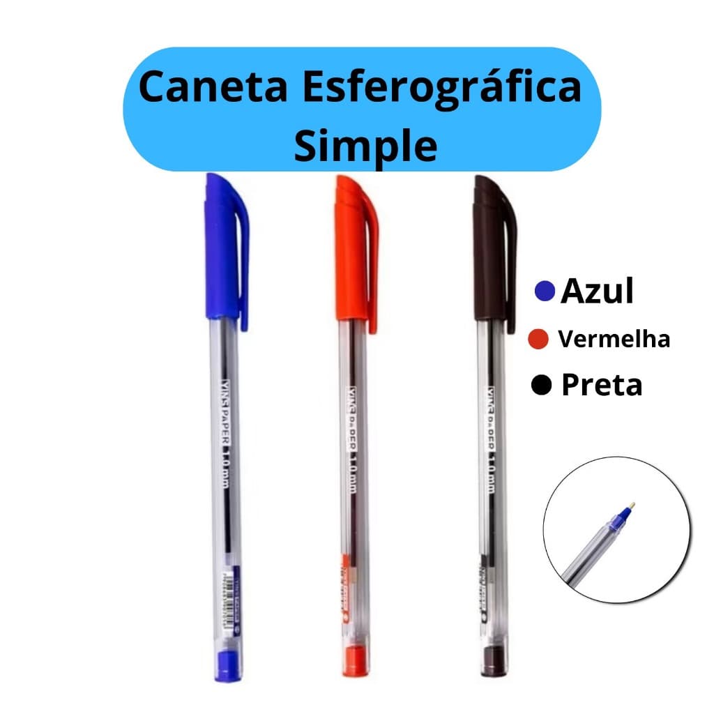 Canetas Esferográficas Ponta Média Simples Azul Preta Vermelha Jocar Office Escolar Escritório Leo&Leo