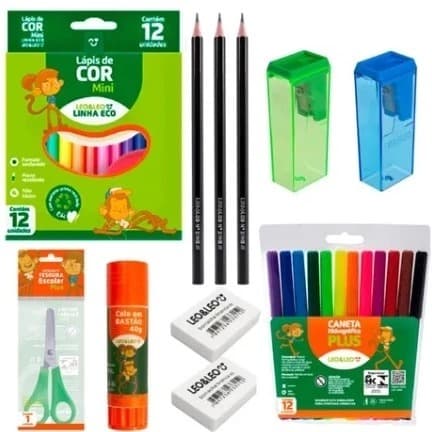 Kit Escola Leo&Leo - Lápis Mini 12 Cores+3 Lápis Escrever+2 Apontador Depósito+Tesoura+Cola Bastão+Canetinhas+2 Borracha