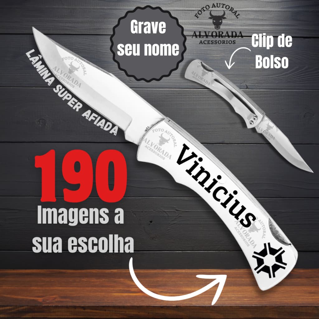 Canivete inox com Clip de Bolso Com Personalização do Nome ou Logo de Empresa