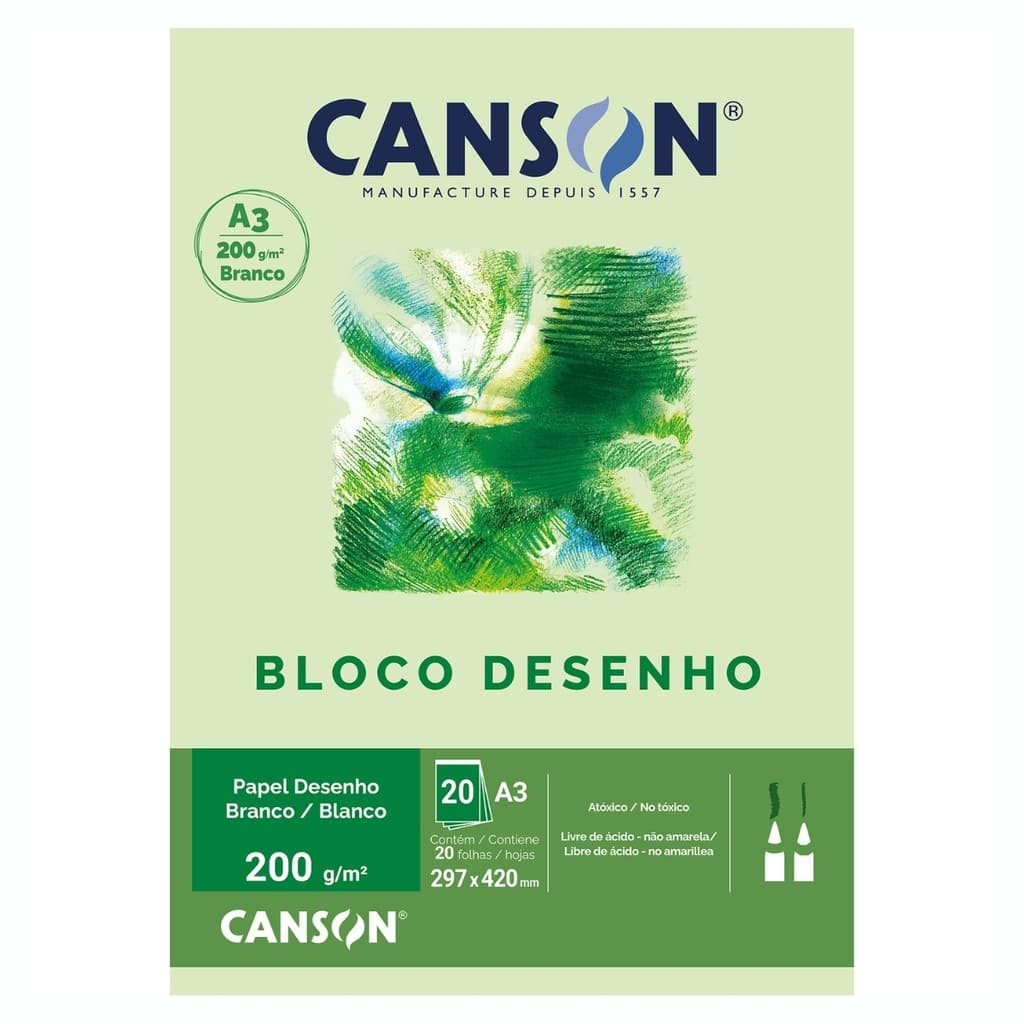 Bloco Desenho Canson A3 200g 20 Folhas Acid Free pH Neutro Textura Granulada