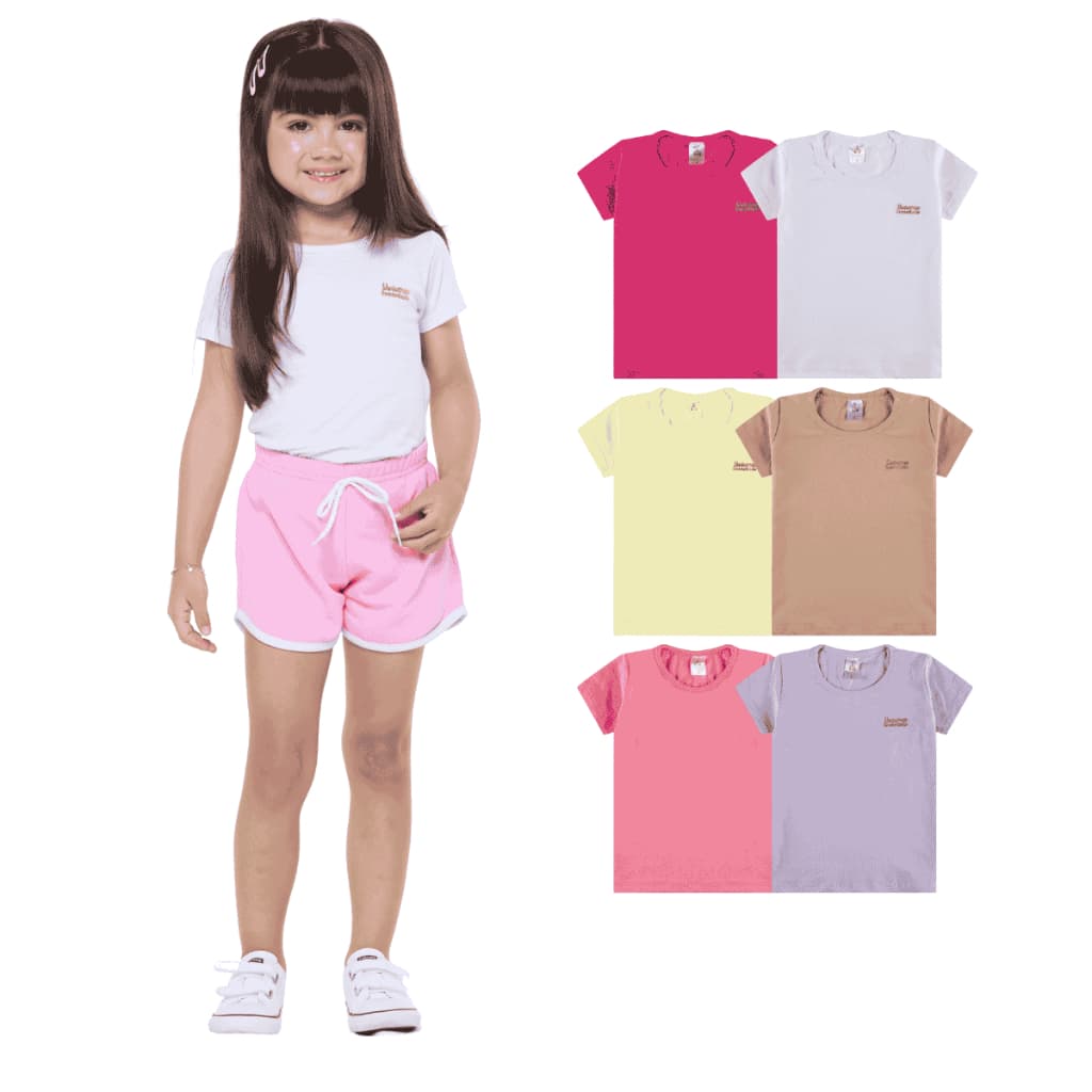 Kit 2, 6 ou 8 Blusas Manga Curta Infantil Menina Básica Lisa Casual de Verão Algodão Infantil Feminino