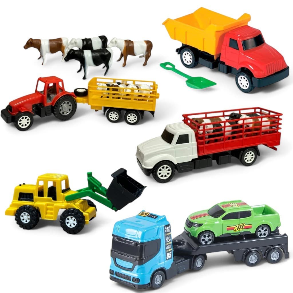 Kit 5 Brinquedos Fazenda Caminhão om bois Tratores Caminhão Basculante com Pá de areia