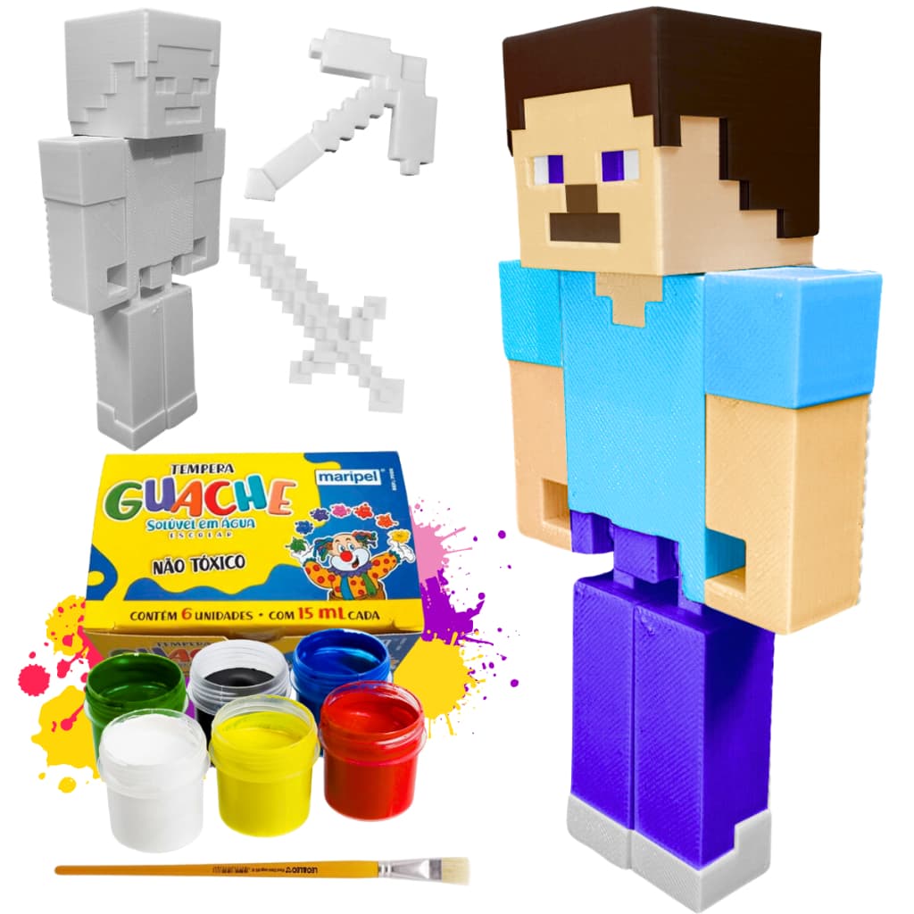 Boneco Steve Minecraft Para Colorir Pintar Com 6 Tintas Para Criancas Brinquedo de Pintura Infantil Educativa