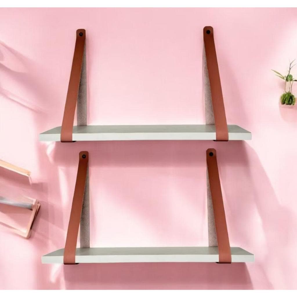 Kit 2 prateleiras mdf ideal para decoração/ quarto. alças em couro na cor rosa e caramelo varias cores!