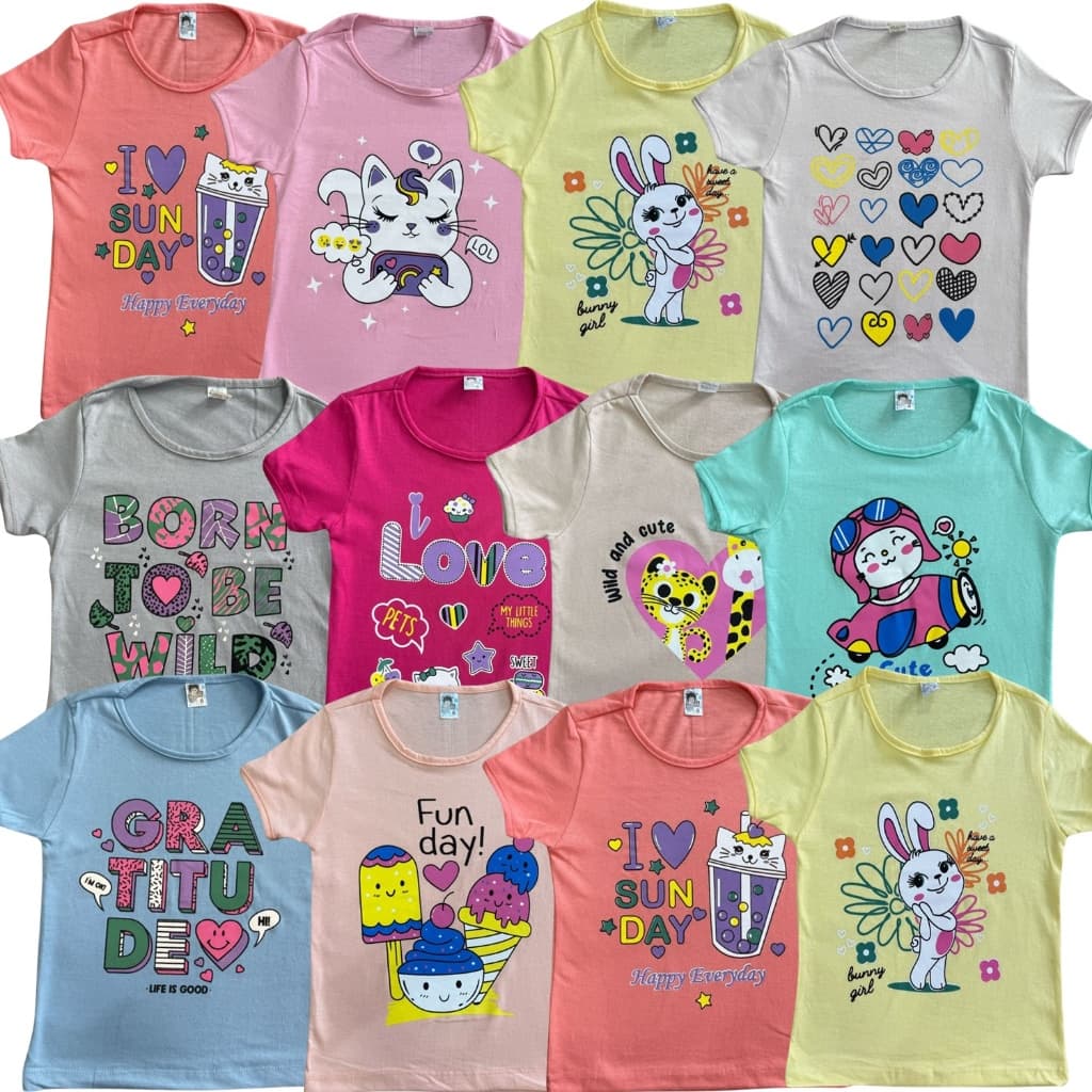 Kit 5 Camisetas Manga Curta Menina  Estampado Desenhos Infantil Kids Sortidos Verão Feminino Básico