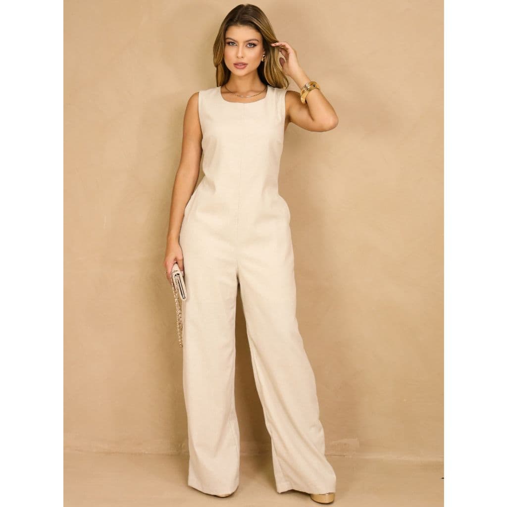 Macacão de Linho Pantalona Elegante Pernas largas e Bolsos Discretos