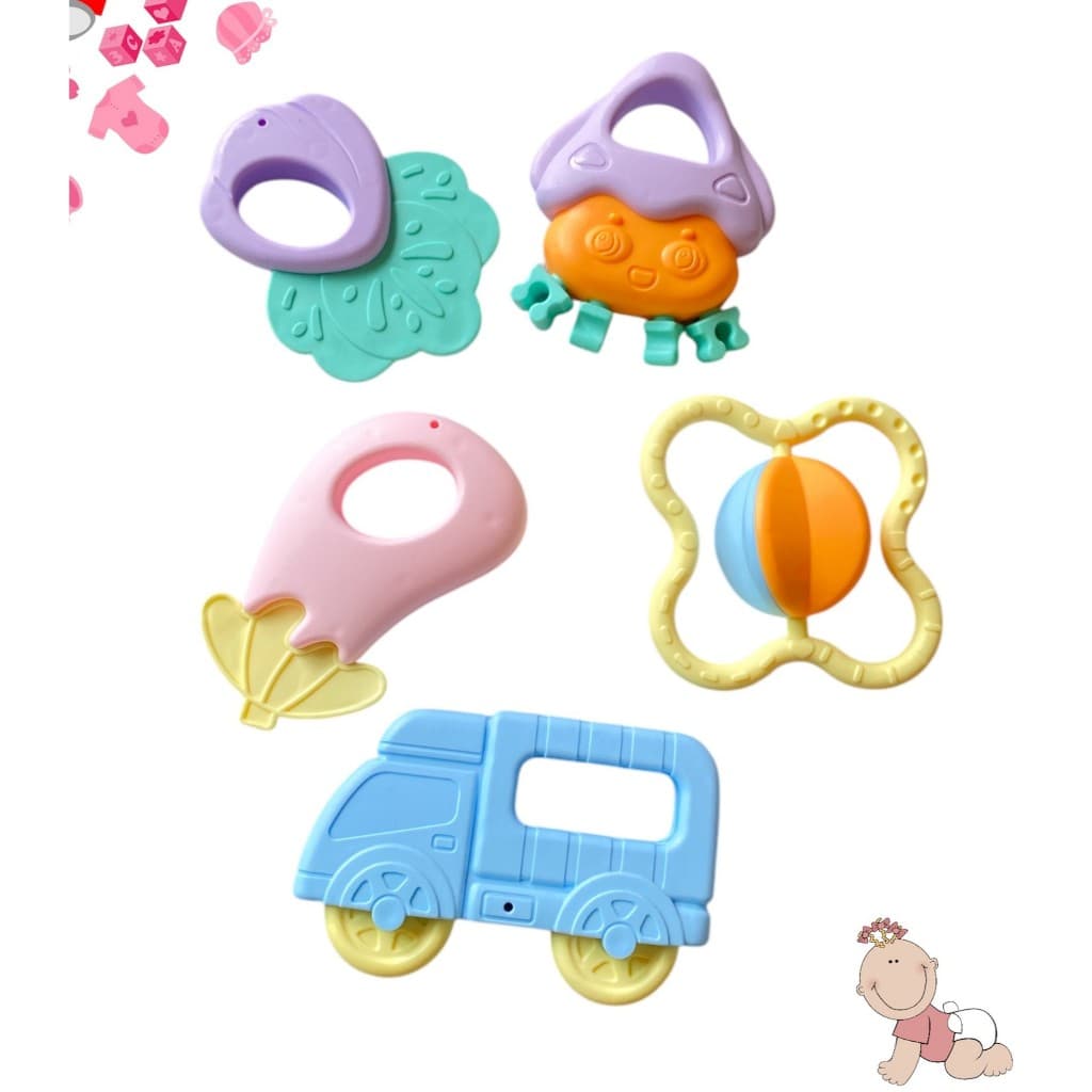 Kit 5 Peças Chocalho E Mordedor Educacional Infantil Bebê Brinquedo