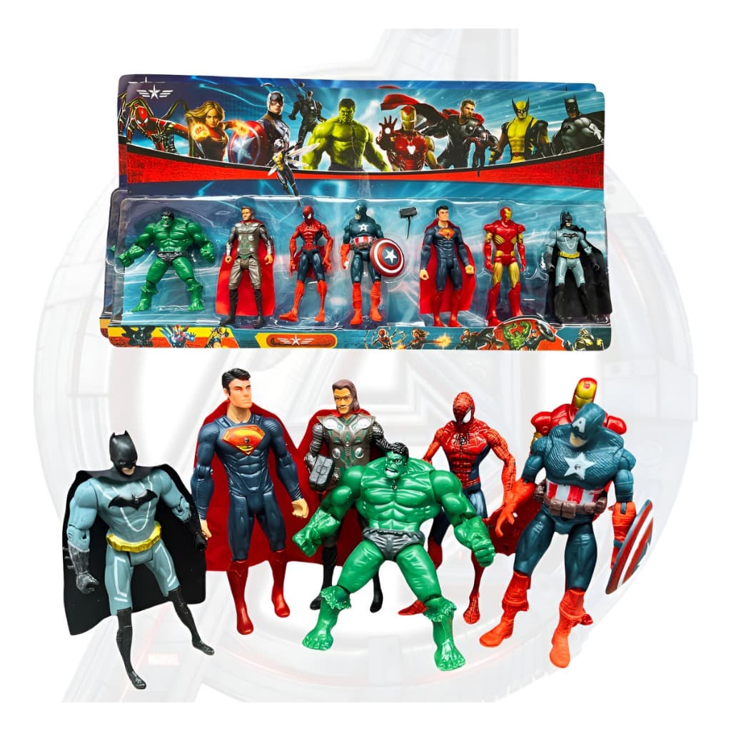 Kit Vingadores 7 Bonecos Articulados Super Heróis Avengers Hulk Homem-Aranha Thor Batman