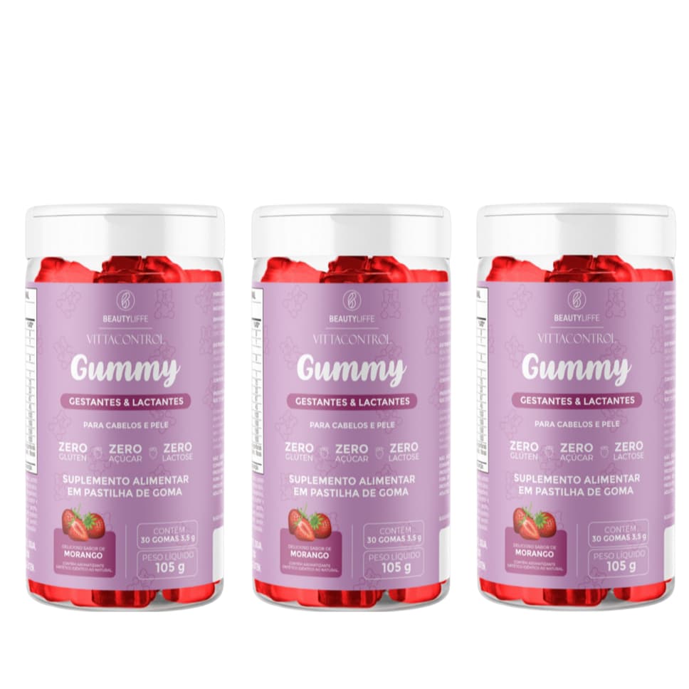 SUPER KIT 3x Vittacontrol Gummy Gestantes e Lactantes com Biotina para Cabelos e Pele *ZERO AÇUCAR