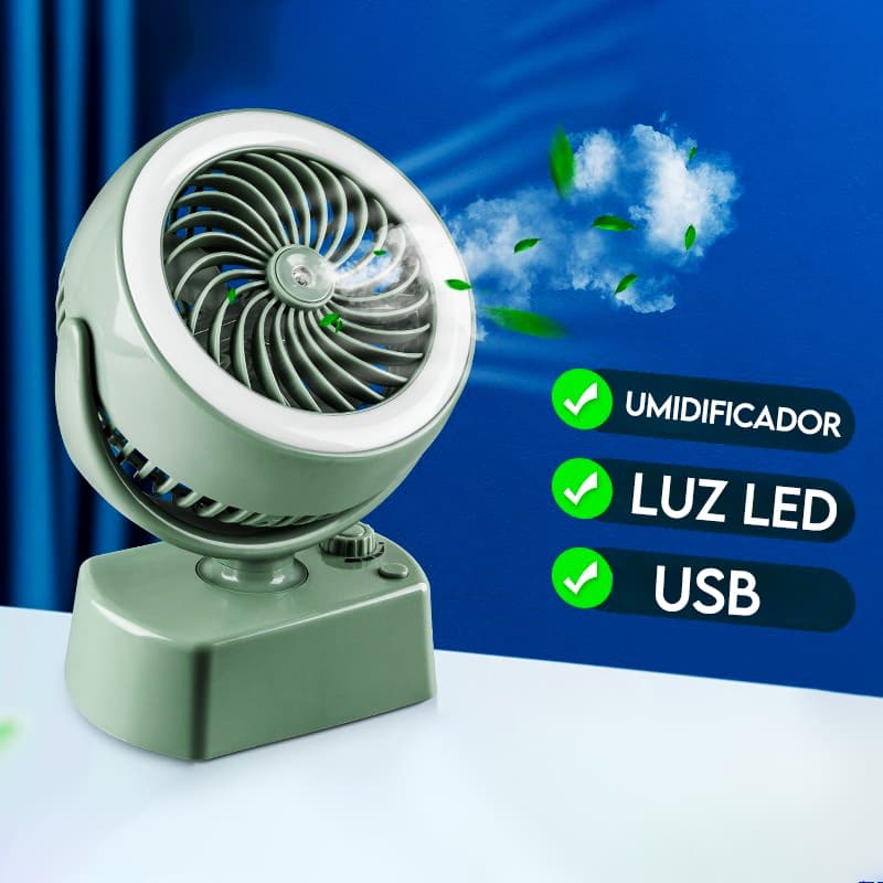 Ventilador Umidificador Portátil Recarregável USB 3 em 1 Ajustável em 360º Com Luz Led