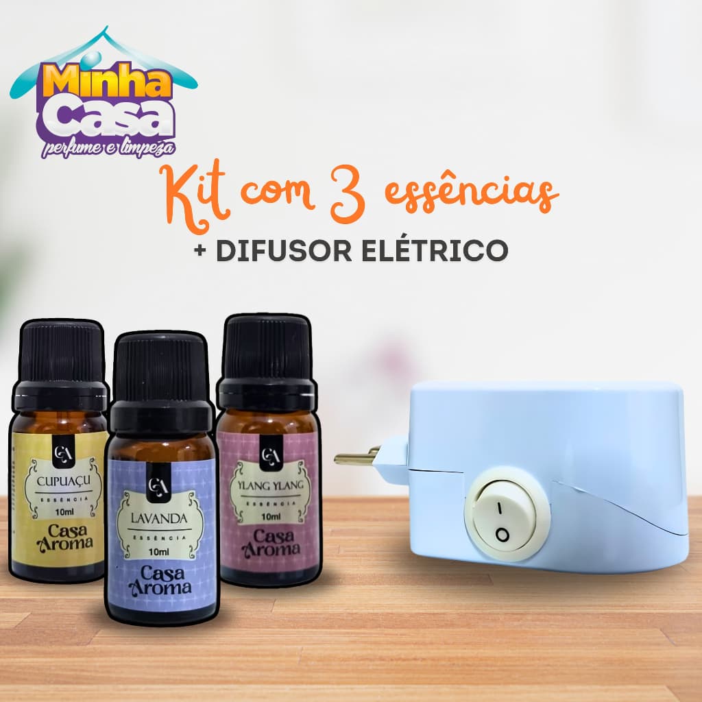 Kit 3 Essência Pura Super Concentrada para Aromatizador Ambiente + 1 Difusor Elétrico  Bivolt