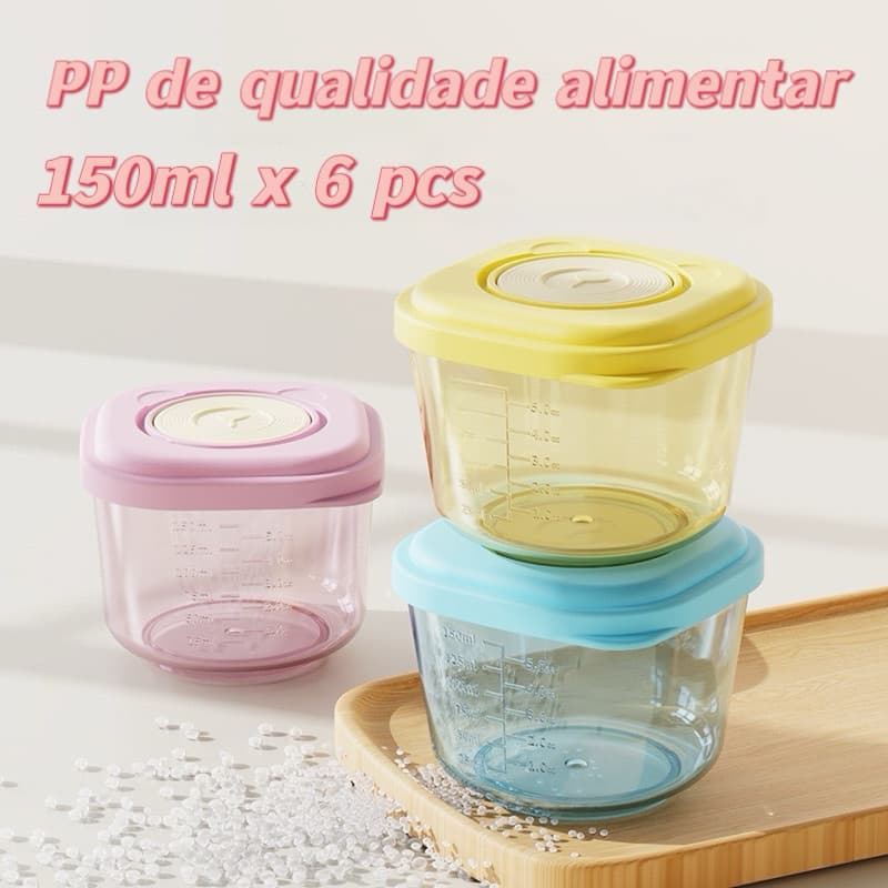Kit 6 Potes Plástico Para Armazenar Leite Materno Papinha Bebê Livre De BPA - Freezer e Microondas