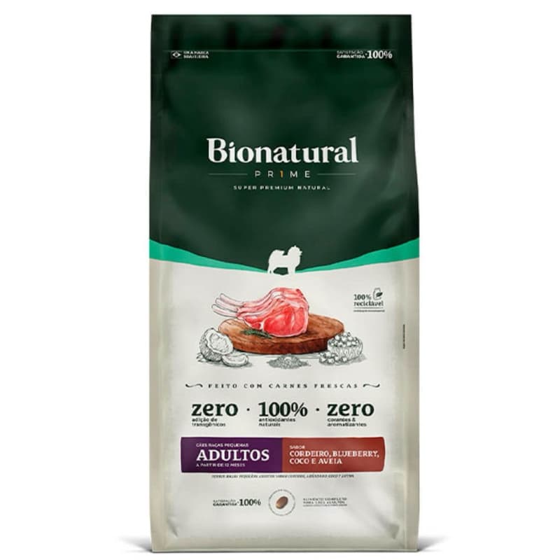 Ração Bionatural Prime 10,1kg Cães Adultos Raças Pequenas Cordeiro, Blueberry, Coco e Aveia