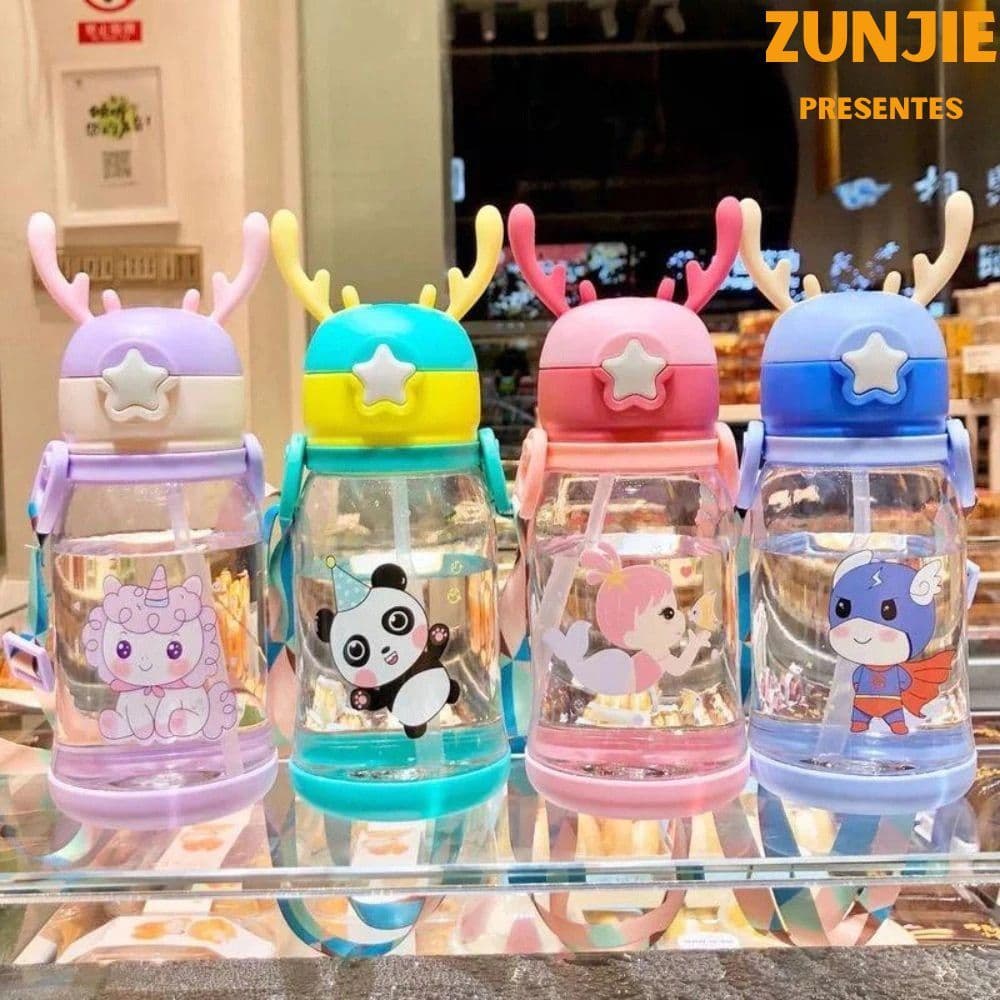 Garrafas De Alce Água Infantil 600ml Com Canudo e Cordão Copos Desenho Multicolorida