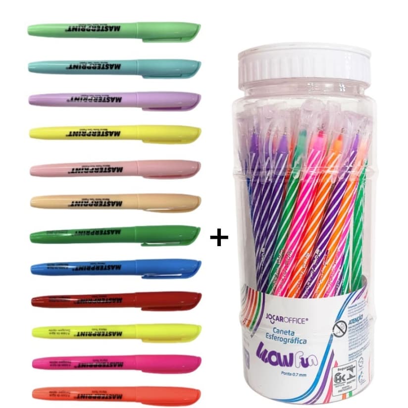 Kit 12 Marca Texto (6 Neon + 6 pastel) Masterprint + 10 Caneta Esferográfica Wow 0.7mm Coloridas