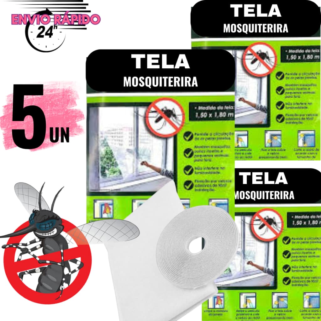 Kit 5 / 3 Telas Mosqueteira GRANDE Janela Ajustável 1,30Mx1,50M Anti Insetos Dengue Mosquito