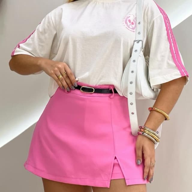 Short saia alfaiataria social com cinto tendência verão