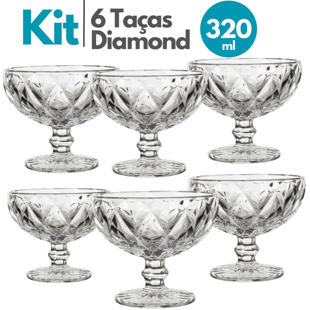 Conjunto 6 Taças de Sobremesa Sorvete de Vidro Diamante 320 ml Bowls Tigela