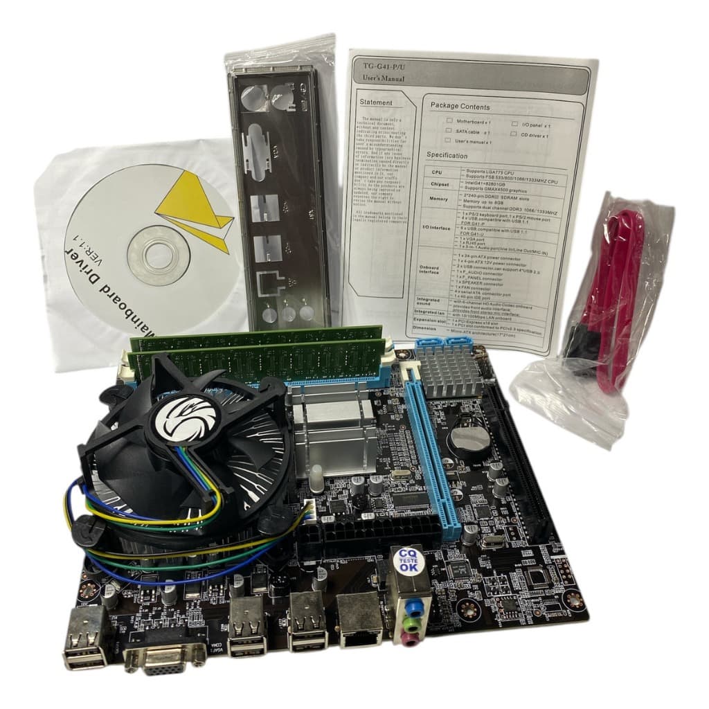 KIT PLACA MÃE 775 DDR3 G41 + PROCESSADOR CORE 2 DUO E7500 2,93 GHz + COOLER + MEMÓRIA RAM 4GB DDR3 1333 MHz