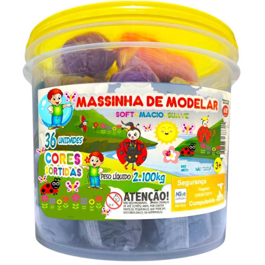 Kit Massinha de Modelar Balde 2,1 KG 36 Unidades Colorida Macia 12 Cores Lembrancinha Festa Cheirosa