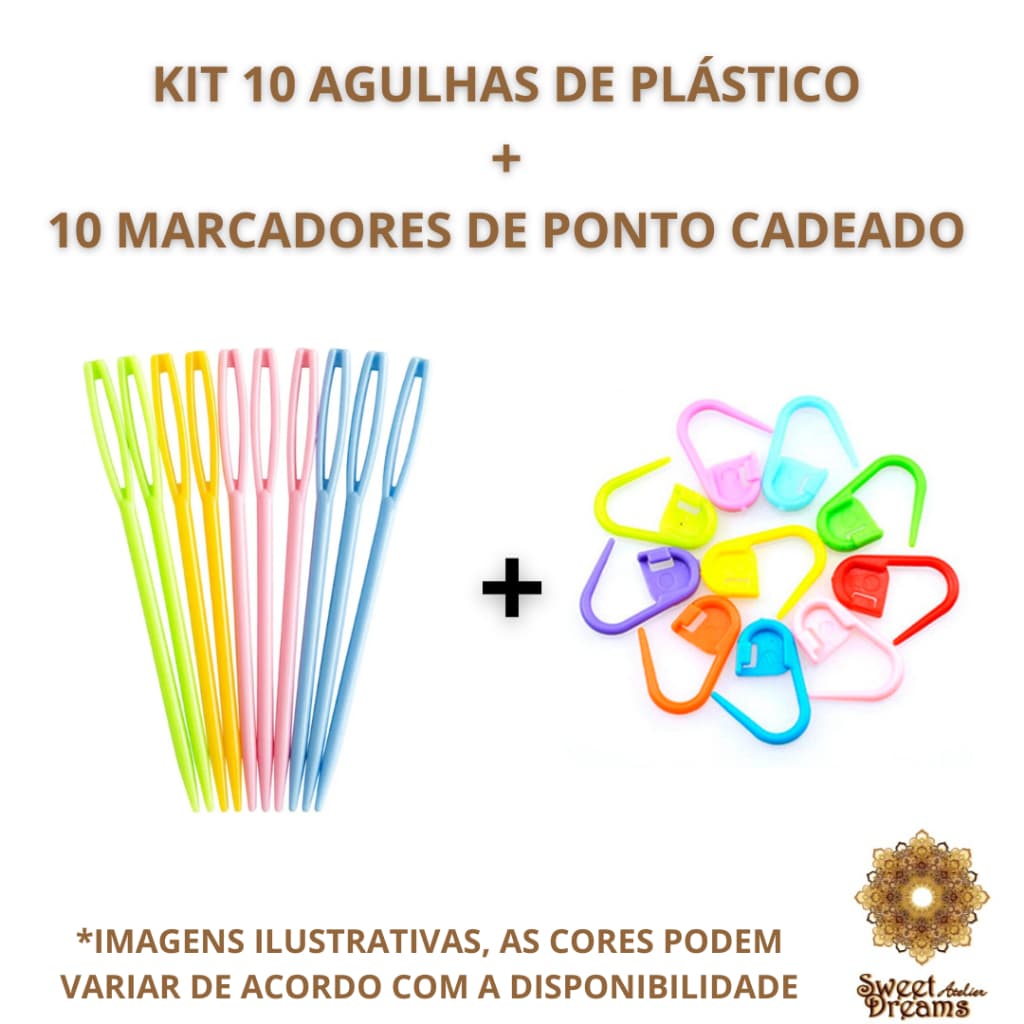 MARCADOR DE PONTO + AGULHA DE PLÁSTICO 7 CM KIT COM 10 UNIDADES DE CADA