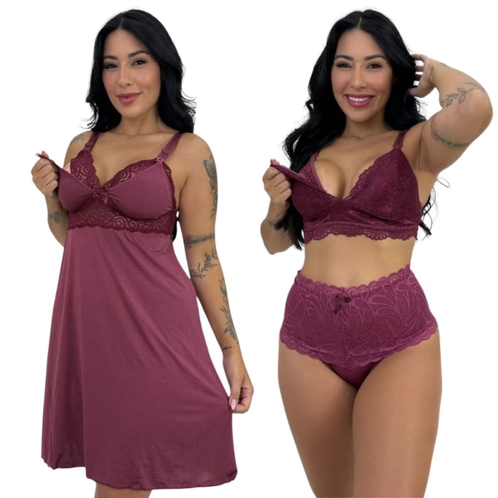 Kit Amamentação Pós Parto Camisola Calcinha Sutiã Renda sem Bojo Fecho Click Maternidade