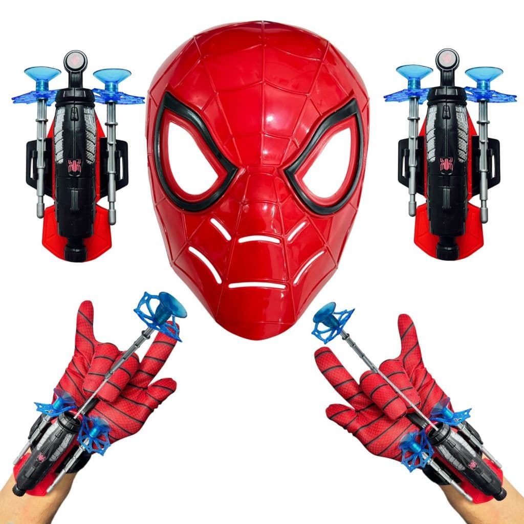 Kit Com 2 Luva Com Lançador De Teia Do Homen Aranha + Mascara Spider Man Conjunto Super Herói